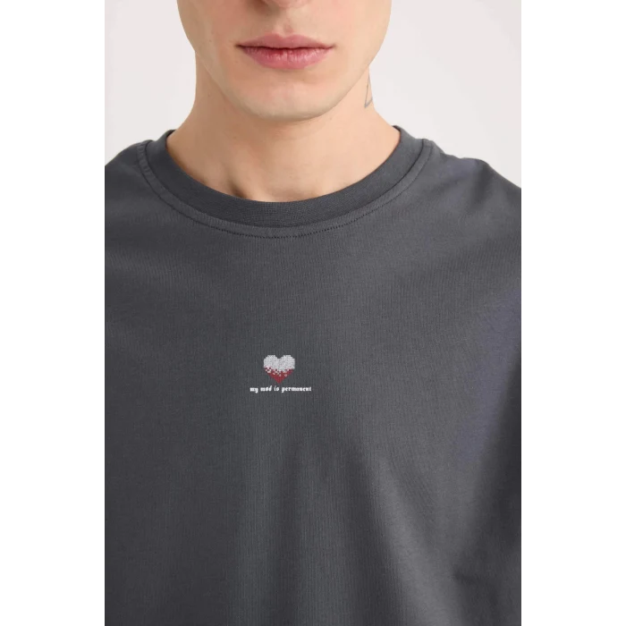 Defacto D5156 Antrasit %100 Pamuk Bisiklet Yaka Kalp Baskılı Kısa Kollu Tişört