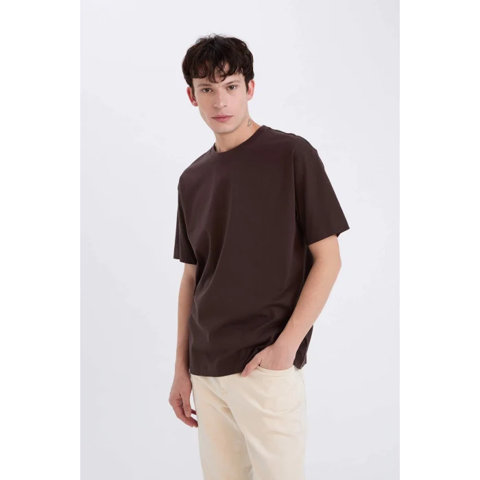 Defacto D6070 Kahve %100 Pamuk Boxy Fit Bisiklet Yaka Basic Düz Kısa Kollu Tişört