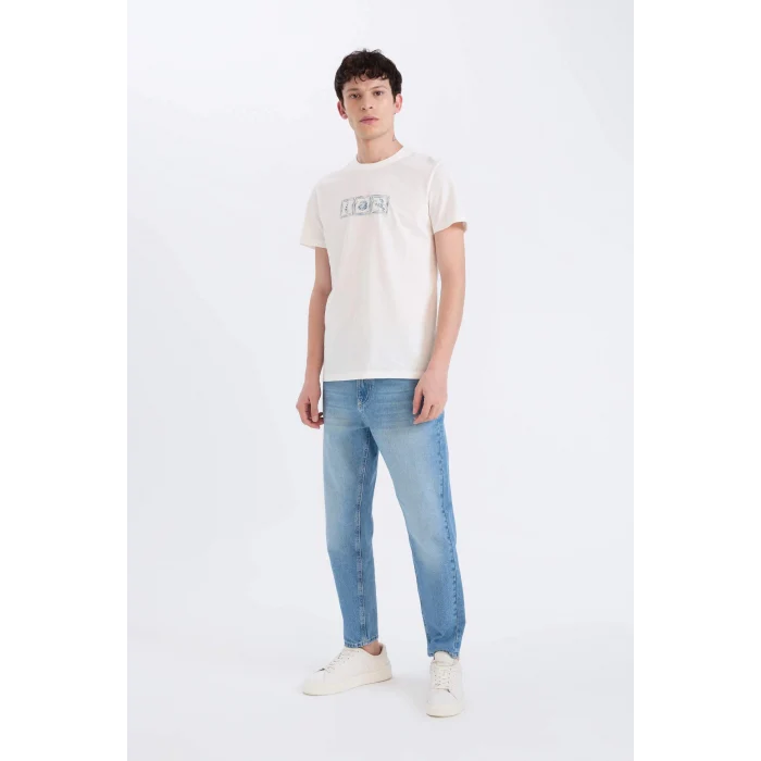 Defacto D9356 Ekru %100 Pamuk Slim Fit Dar Kesim Bisiklet Yaka Baskılı Kısa Kollu Tişört