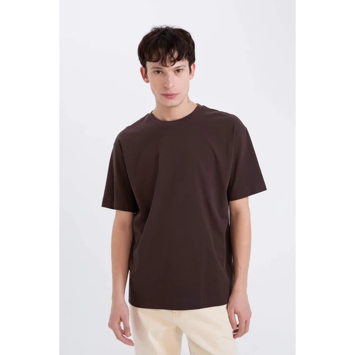 Defacto D6070 Kahve %100 Pamuk Boxy Fit Bisiklet Yaka Basic Düz Kısa Kollu Tişört