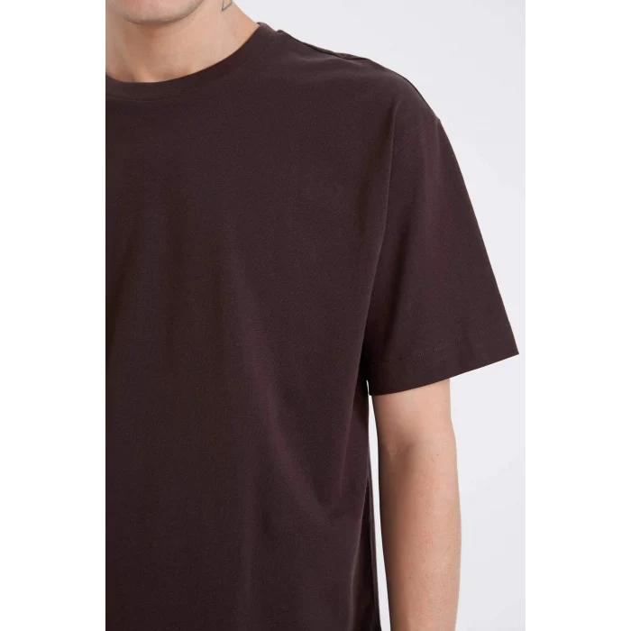 Defacto D6070 Kahve %100 Pamuk Boxy Fit Bisiklet Yaka Basic Düz Kısa Kollu Tişört