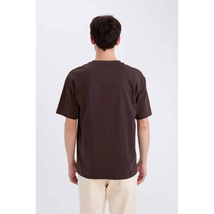 Defacto D6070 Kahve %100 Pamuk Boxy Fit Bisiklet Yaka Basic Düz Kısa Kollu Tişört