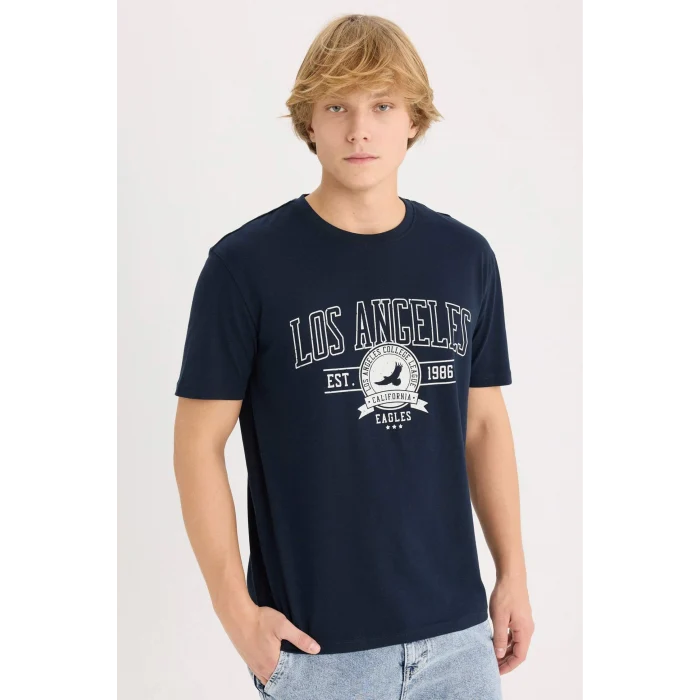 Defacto D5577 Lacivert %100 Pamuk Regular Fit Bisiklet Yaka Baskılı Kısa Kollu Tişört