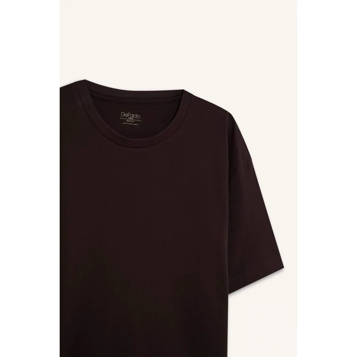 Defacto D6070 Kahve %100 Pamuk Boxy Fit Bisiklet Yaka Basic Düz Kısa Kollu Tişört