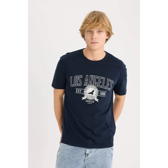 Defacto D5577 Lacivert %100 Pamuk Regular Fit Bisiklet Yaka Baskılı Kısa Kollu Tişört