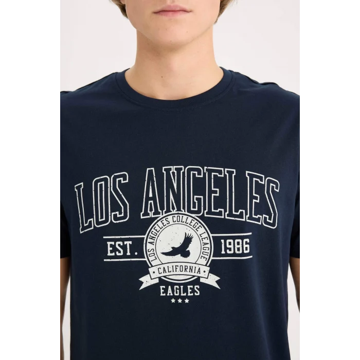 Defacto D5577 Lacivert %100 Pamuk Regular Fit Bisiklet Yaka Baskılı Kısa Kollu Tişört