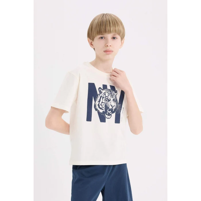 Defacto E6648 Ekru Erkek Çocuk New Pijama Takımı Kısa Kollu Piajam Üstü Esnek Belli Şort Pijama Altı