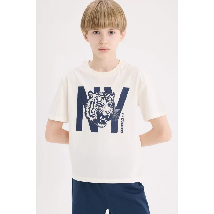 Defacto E6648 Ekru Erkek Çocuk New Pijama Takımı Kısa Kollu Piajam Üstü Esnek Belli Şort Pijama Altı