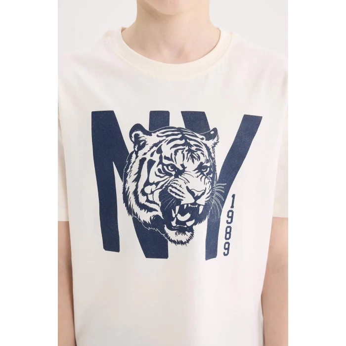 Defacto E6648 Ekru Erkek Çocuk New Pijama Takımı Kısa Kollu Piajam Üstü Esnek Belli Şort Pijama Altı