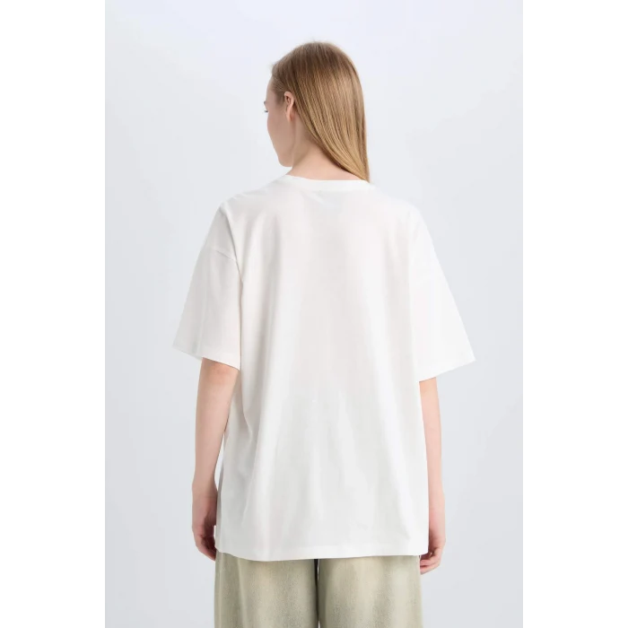 Defacto D9116 Beyaz Coool Rick and Morty Oversize Geniş Kalıp Bisiklet Yaka Baskılı Kısa Kollu Tişört