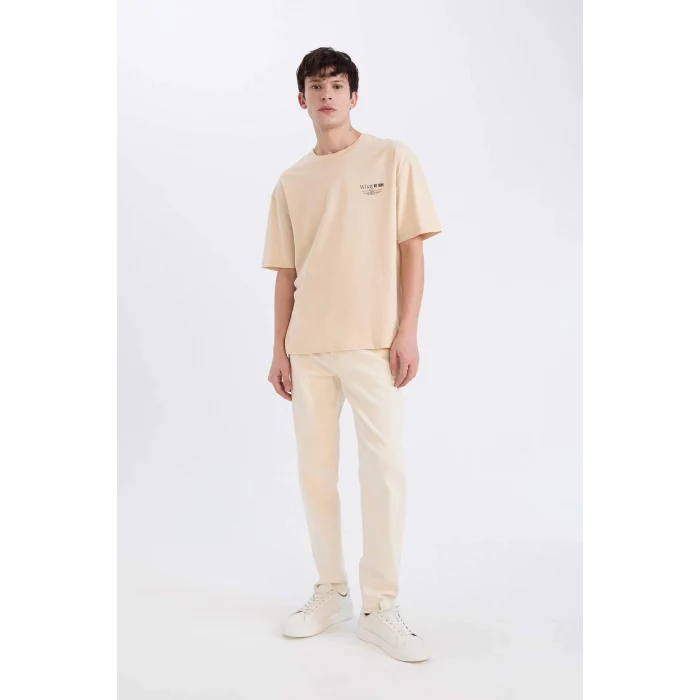 Defacto D8594 Bej %100 Pamuk Oversize Geniş Kalıp Bisiklet Yaka Baskılı Kısa Kollu Tişört