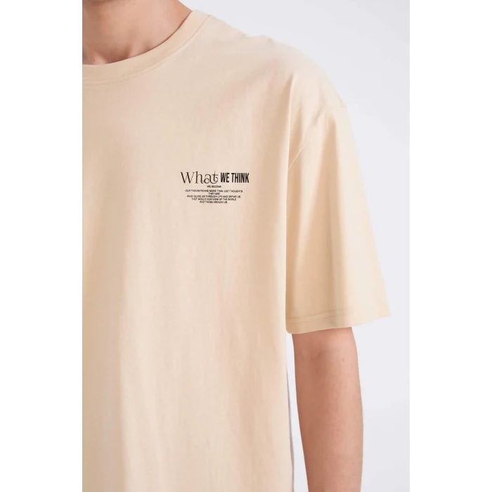 Defacto D8594 Bej %100 Pamuk Oversize Geniş Kalıp Bisiklet Yaka Baskılı Kısa Kollu Tişört