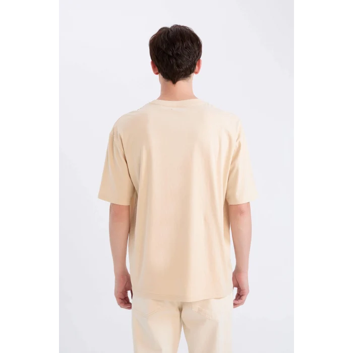 Defacto D8594 Bej %100 Pamuk Oversize Geniş Kalıp Bisiklet Yaka Baskılı Kısa Kollu Tişört