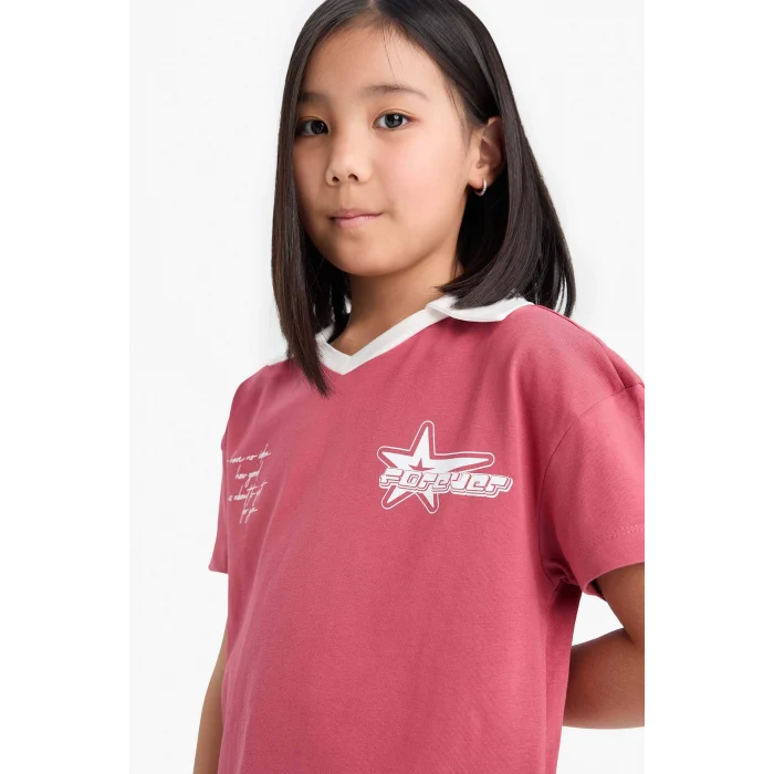 Defacto E1034 Bordo Kız Çocuk Boxy Fit Polo Yaka Baskılı Kısa Kollu Tişört