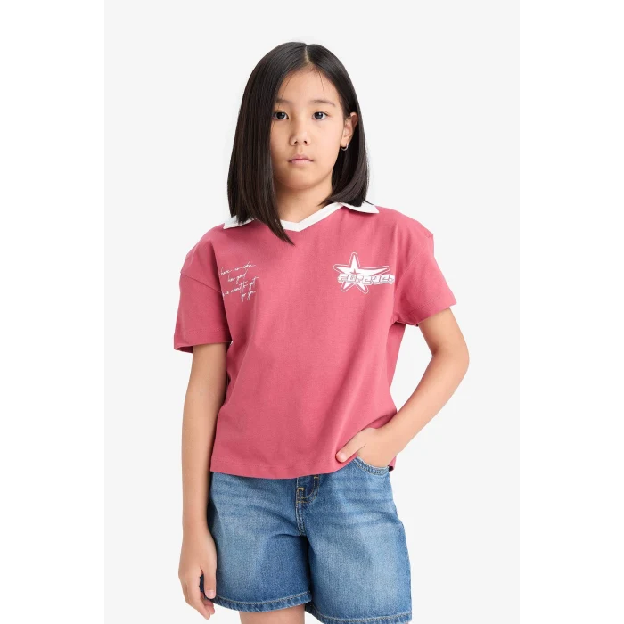 Defacto E1034 Bordo Kız Çocuk Boxy Fit Polo Yaka Baskılı Kısa Kollu Tişört