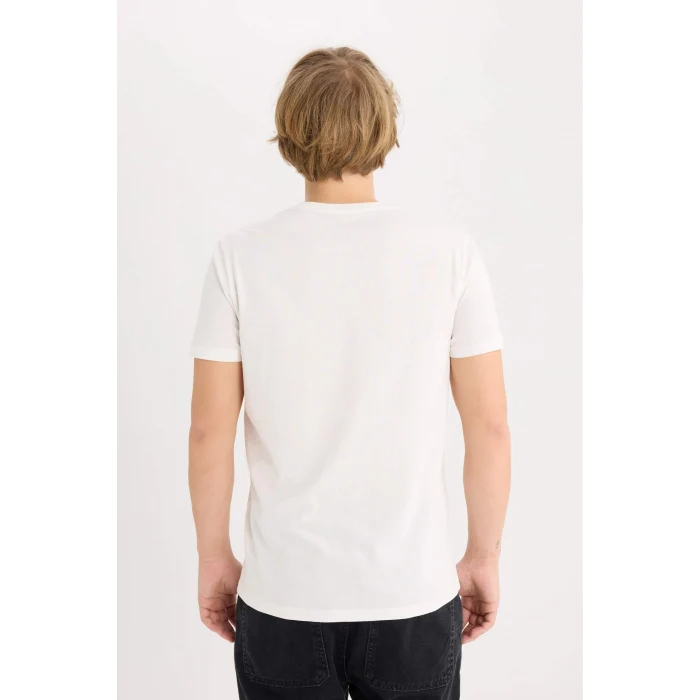 Defacto D5572 Ekru %100 Pamuk Slim Fit Dar Kesim Bisiklet Yaka Baskılı Kısa Kollu Tişört