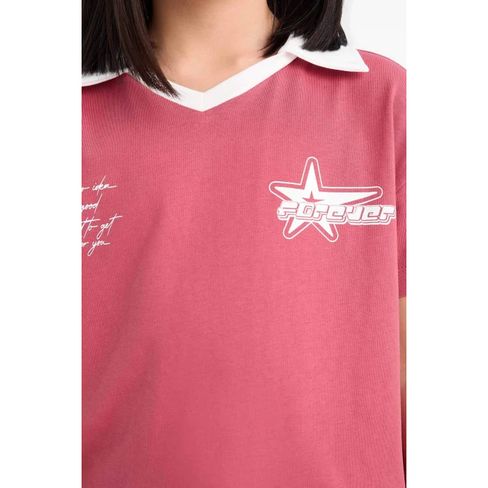 Defacto E1034 Bordo Kız Çocuk Boxy Fit Polo Yaka Baskılı Kısa Kollu Tişört