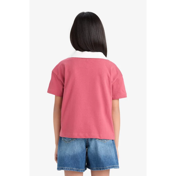 Defacto E1034 Bordo Kız Çocuk Boxy Fit Polo Yaka Baskılı Kısa Kollu Tişört