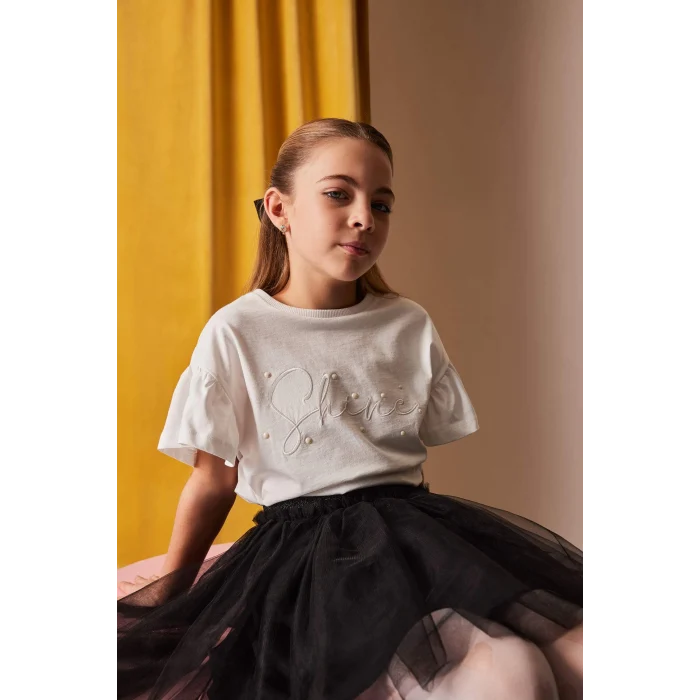 Defacto E0820 Beyaz Kız Çocuk Bisiklet Yaka Baskılı Kısa Kollu Tişört