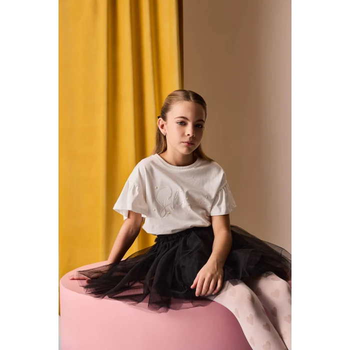 Defacto E0820 Beyaz Kız Çocuk Bisiklet Yaka Baskılı Kısa Kollu Tişört