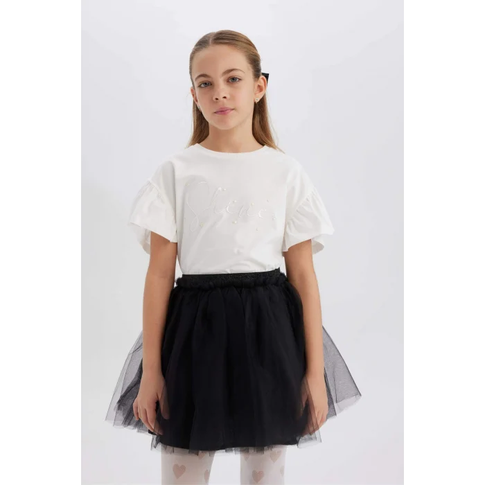 Defacto E0820 Beyaz Kız Çocuk Bisiklet Yaka Baskılı Kısa Kollu Tişört