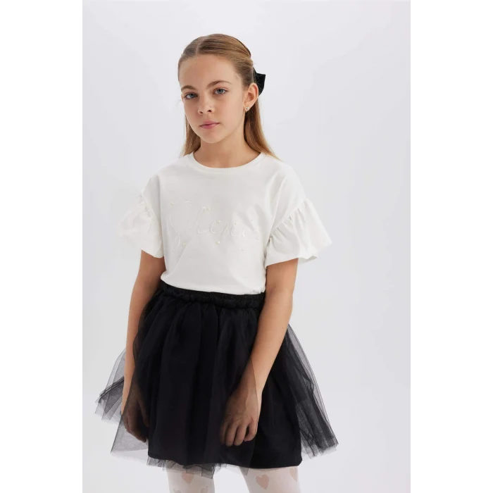 Defacto E0820 Beyaz Kız Çocuk Bisiklet Yaka Baskılı Kısa Kollu Tişört