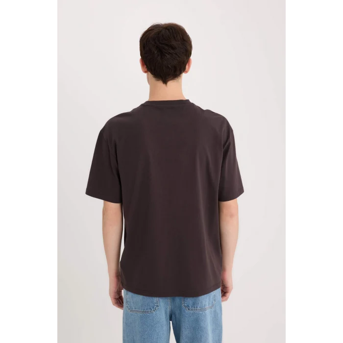 Defacto D5589 Kahve %100 Pamuk Boxy Fit Bisiklet Yaka Baskılı Kısa Kollu Tişört