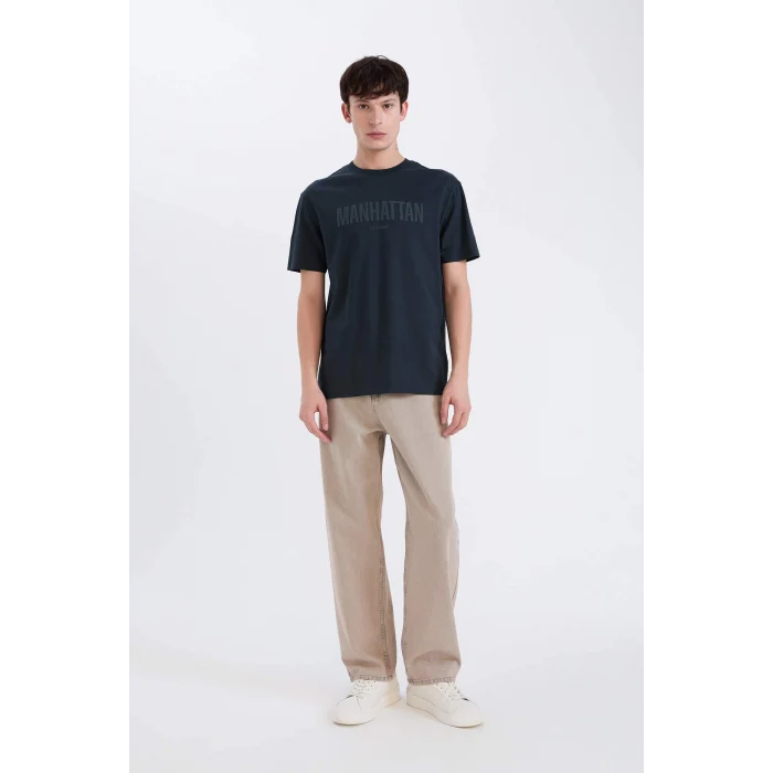 Defacto D5578 Lacivert %100 Pamuk Regular Fit Bisiklet Yaka Baskılı Kısa Kollu Tişört