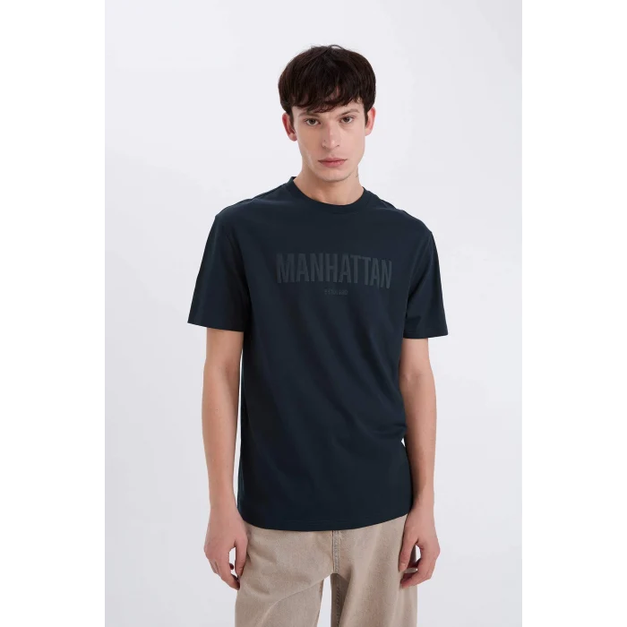 Defacto D5578 Lacivert %100 Pamuk Regular Fit Bisiklet Yaka Baskılı Kısa Kollu Tişört