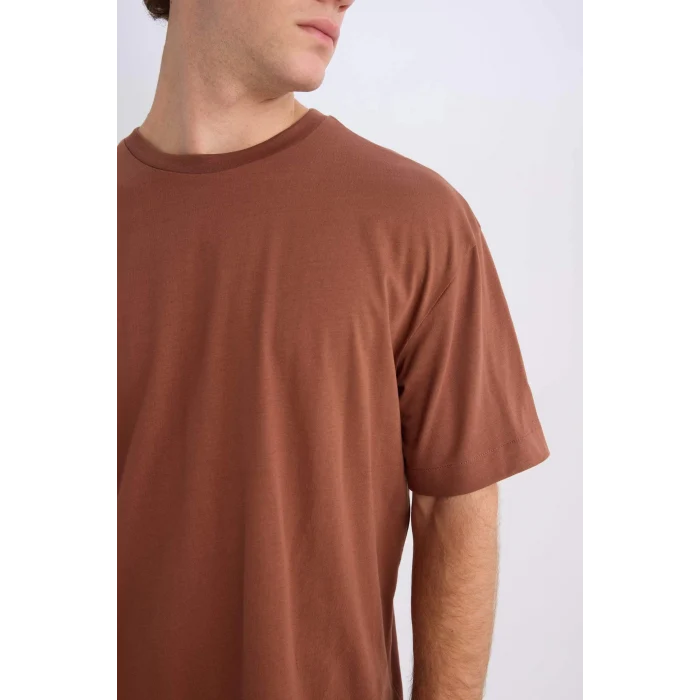 Defacto D6070 Kahve %100 Pamuk Boxy Fit Bisiklet Yaka Basic Düz Kısa Kollu Tişört