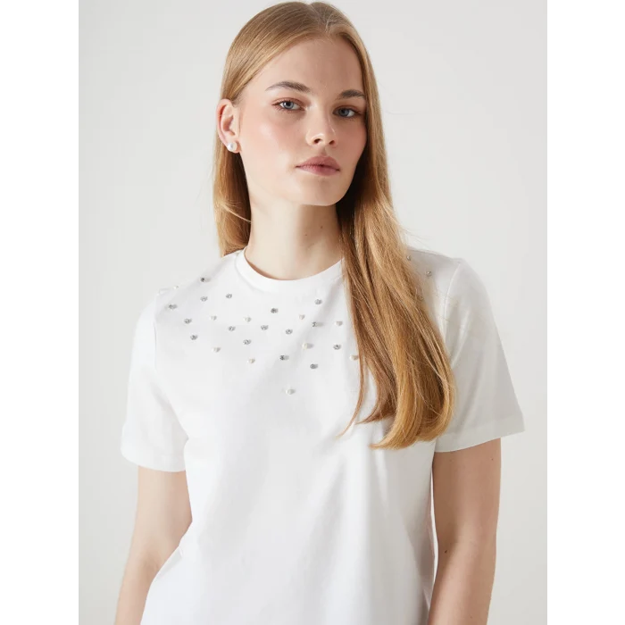 LCW Vision Ekru Bisiklet Yaka Taşlı Kadın Tişört