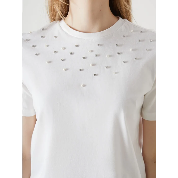 LCW Vision Ekru Bisiklet Yaka Taşlı Kadın Tişört