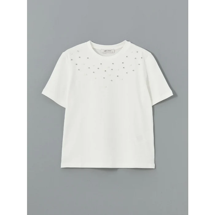 LCW Vision Ekru Bisiklet Yaka Taşlı Kadın Tişört