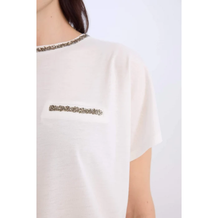 Defacto K7701 Ekru 	Bisiklet Yaka Baskılı Kısa Kollu Tişört