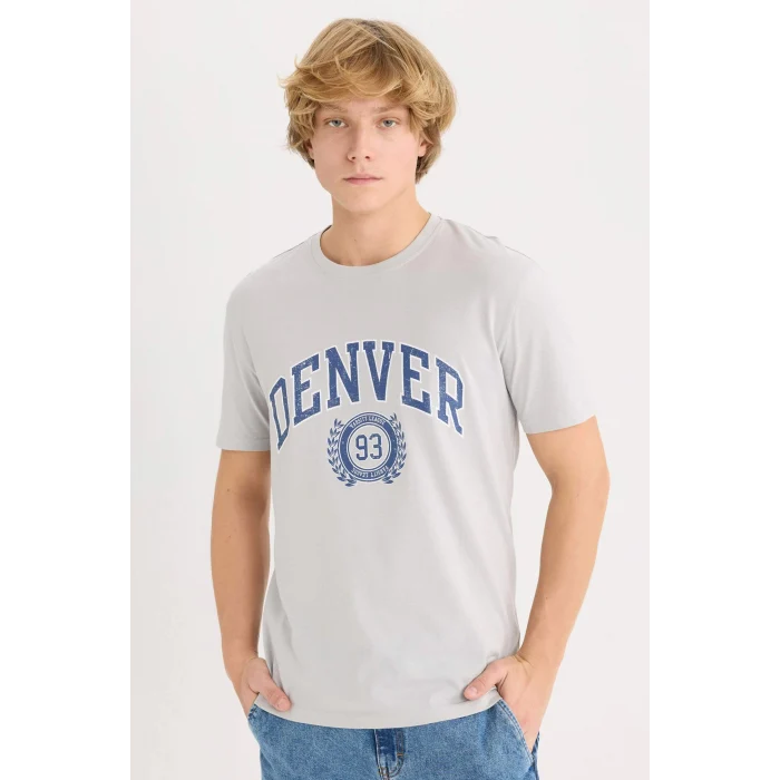 Defacto D5576 Gri %100 Pamuk Regular Fit Bisiklet Yaka Baskılı Kısa Kollu Tişört