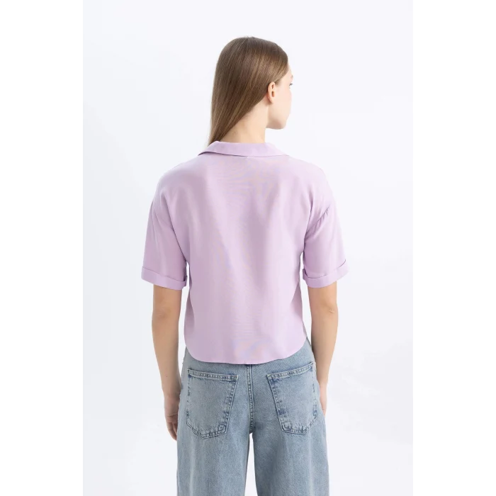 Defacto C3751 Mor Coool Oversize Geniş Kalıp Pijama Yaka Kısa Kollu Gömlek