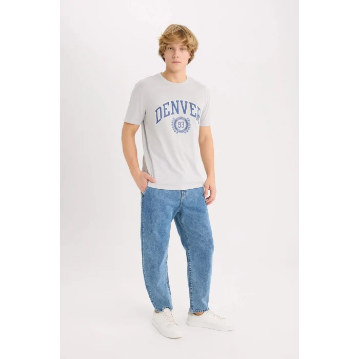 Defacto D5576 Gri %100 Pamuk Regular Fit Bisiklet Yaka Baskılı Kısa Kollu Tişört