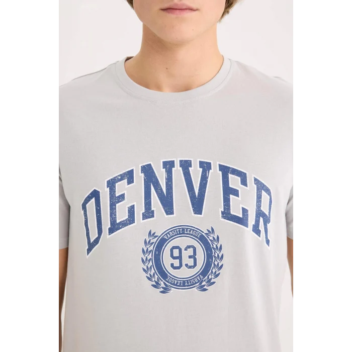 Defacto D5576 Gri %100 Pamuk Regular Fit Bisiklet Yaka Baskılı Kısa Kollu Tişört