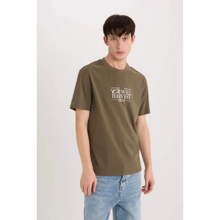 Defacto D6204 Haki %100 Pamuk Regular Fit Bisiklet Yaka Baskılı Kısa Kollu Tişört