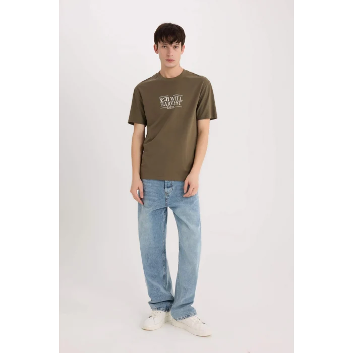 Defacto D6204 Haki %100 Pamuk Regular Fit Bisiklet Yaka Baskılı Kısa Kollu Tişört
