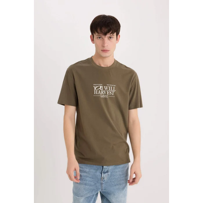 Defacto D6204 Haki %100 Pamuk Regular Fit Bisiklet Yaka Baskılı Kısa Kollu Tişört