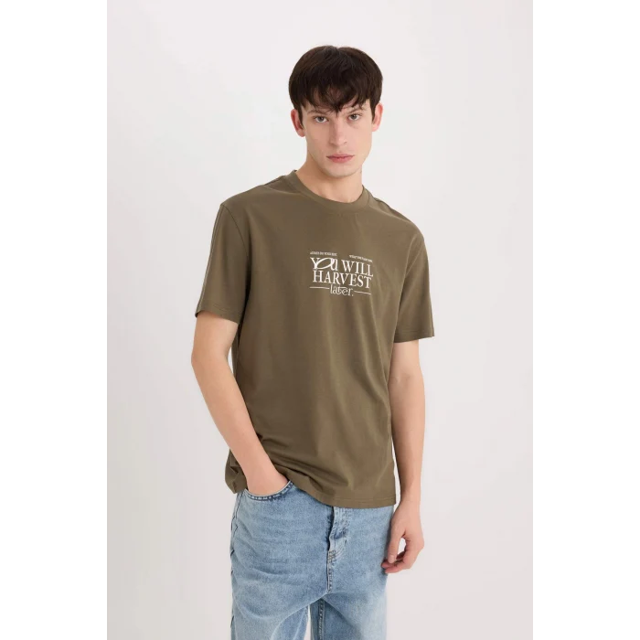 Defacto D6204 Haki %100 Pamuk Regular Fit Bisiklet Yaka Baskılı Kısa Kollu Tişört