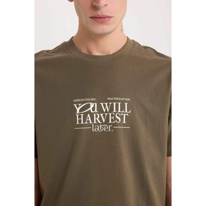 Defacto D6204 Haki %100 Pamuk Regular Fit Bisiklet Yaka Baskılı Kısa Kollu Tişört