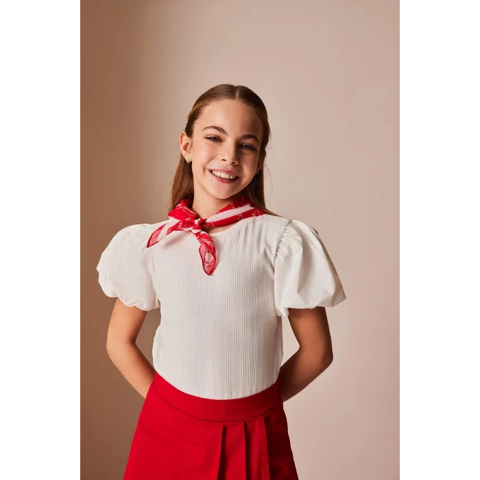 Defacto E0822 Beyaz Kız Çocuk Bisiklet Yaka Fitilli Kaşkorse Kısa Kollu Tişört