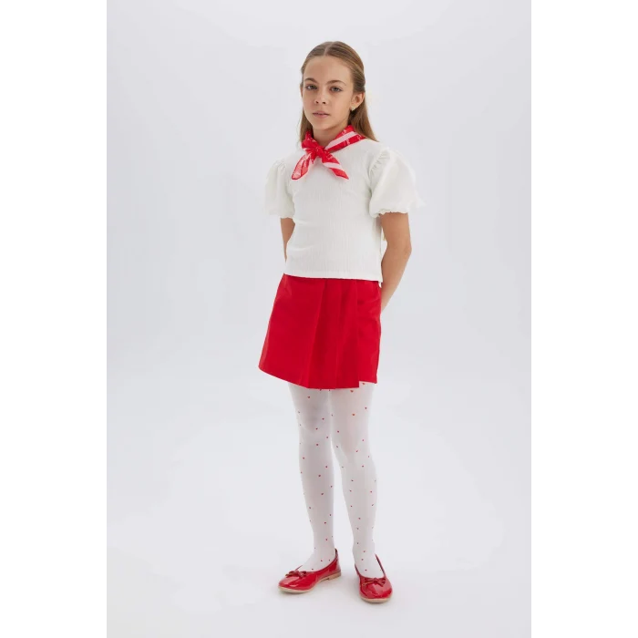 Defacto E0822 Beyaz Kız Çocuk Bisiklet Yaka Fitilli Kaşkorse Kısa Kollu Tişört