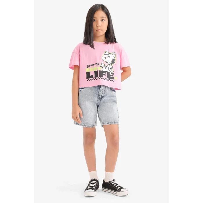 Defacto E8160 Pembe Kız Çocuk Snoopy Bisiklet Yaka Kısa Kollu Tişört