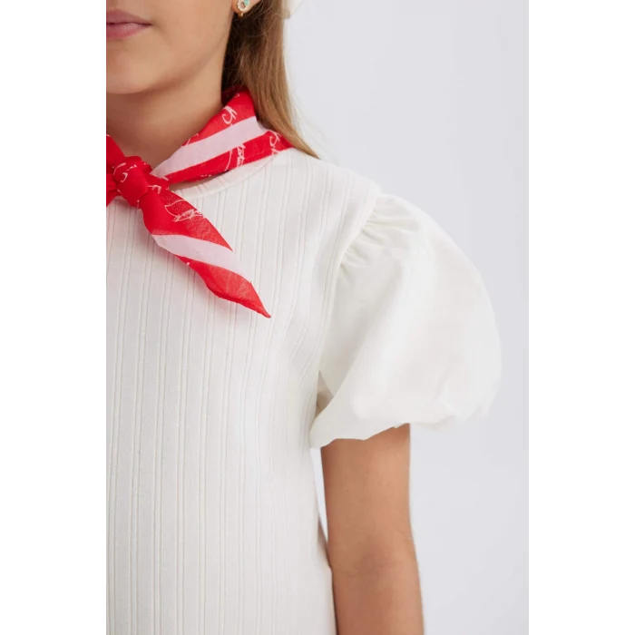 Defacto E0822 Beyaz Kız Çocuk Bisiklet Yaka Fitilli Kaşkorse Kısa Kollu Tişört