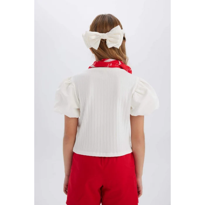 Defacto E0822 Beyaz Kız Çocuk Bisiklet Yaka Fitilli Kaşkorse Kısa Kollu Tişört