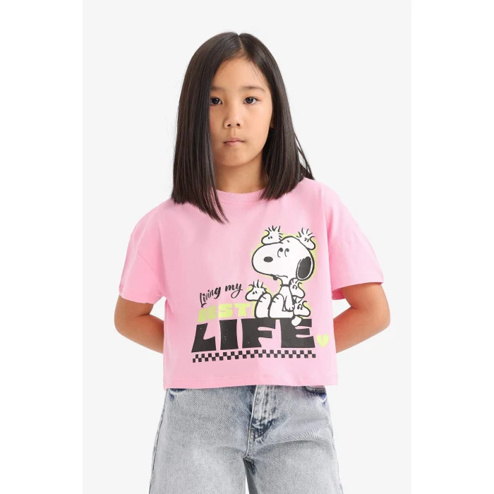 Defacto E8160 Pembe Kız Çocuk Snoopy Bisiklet Yaka Kısa Kollu Tişört