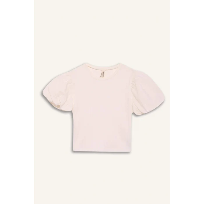 Defacto E0822 Beyaz Kız Çocuk Bisiklet Yaka Fitilli Kaşkorse Kısa Kollu Tişört